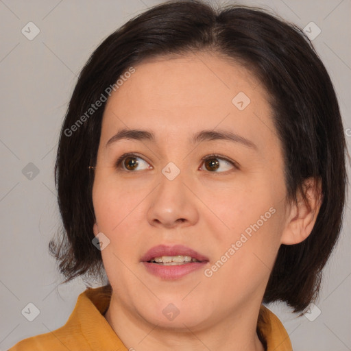 Joyful white young-adult female with medium  brown hair and brown eyes