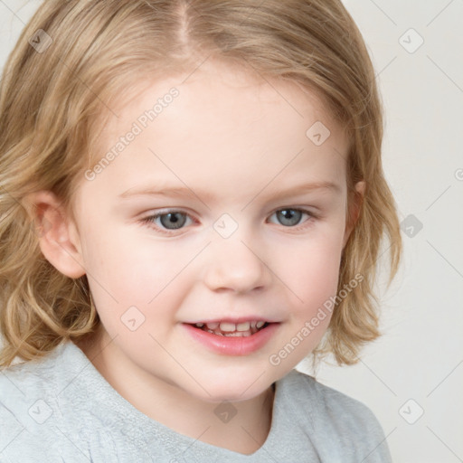 Joyful white child female with medium  brown hair and blue eyes