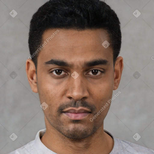 Neutral latino young-adult male with short  black hair and brown eyes