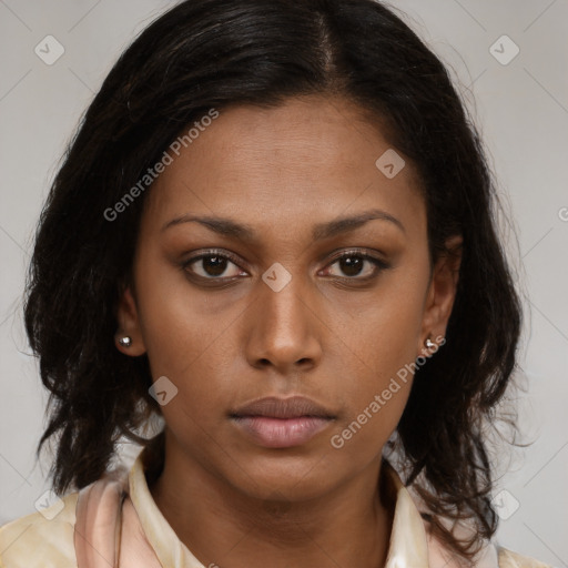 Neutral black young-adult female with medium  brown hair and brown eyes