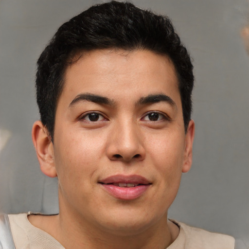 Joyful asian young-adult male with short  brown hair and brown eyes