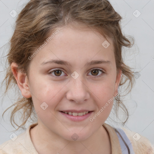 Joyful white child female with medium  brown hair and brown eyes