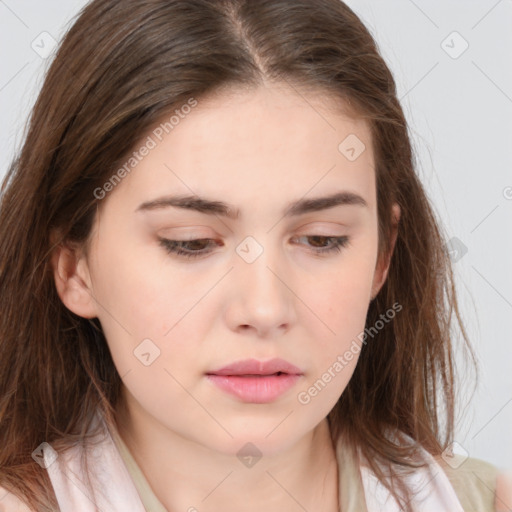 Neutral white young-adult female with medium  brown hair and brown eyes