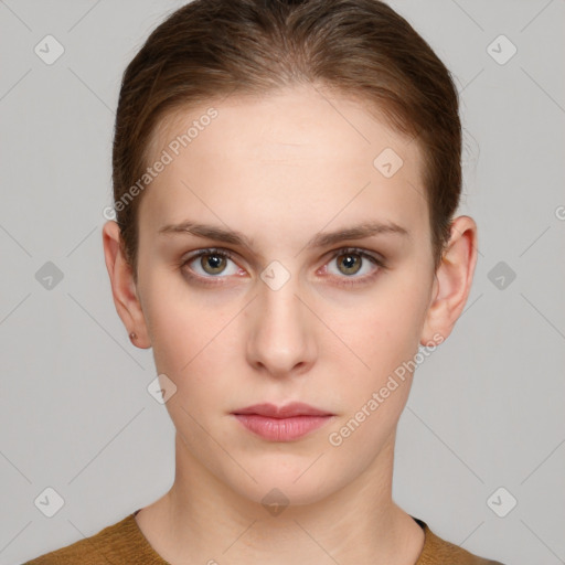 Neutral white young-adult female with short  brown hair and brown eyes