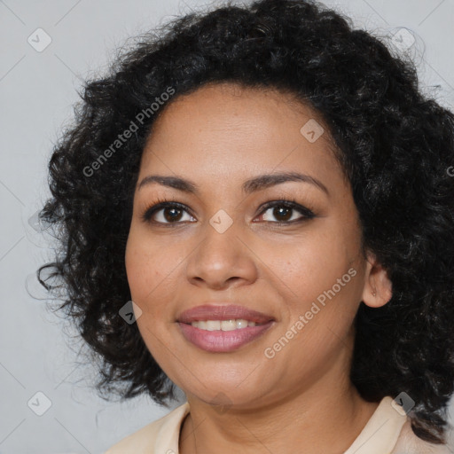 Joyful latino young-adult female with medium  black hair and brown eyes