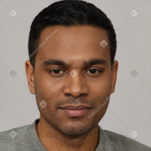 Neutral latino young-adult male with short  black hair and brown eyes