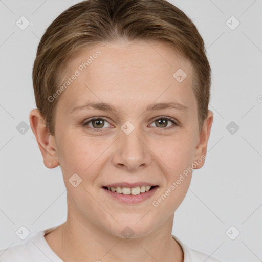 Joyful white young-adult female with short  brown hair and grey eyes