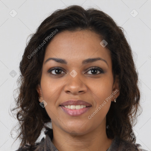 Joyful black young-adult female with medium  brown hair and brown eyes