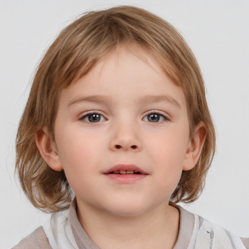 Neutral white child female with medium  brown hair and blue eyes