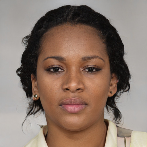 Neutral latino young-adult female with medium  black hair and brown eyes