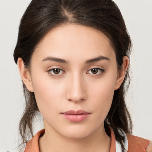 Neutral white young-adult female with medium  brown hair and brown eyes