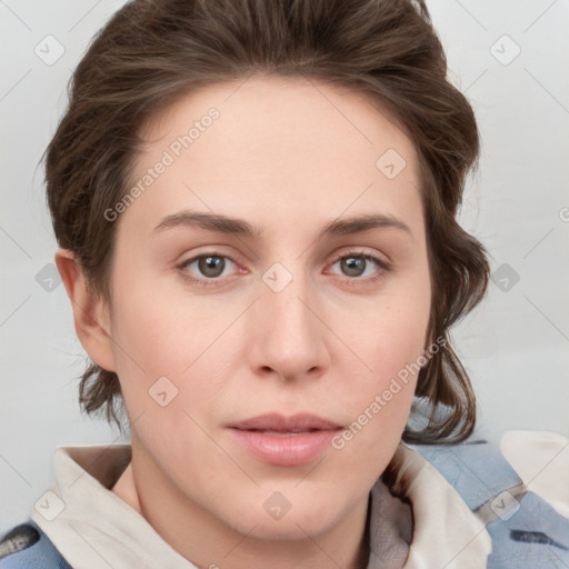 Neutral white young-adult female with medium  brown hair and grey eyes