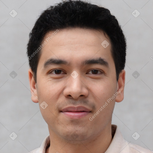 Joyful latino young-adult male with short  black hair and brown eyes