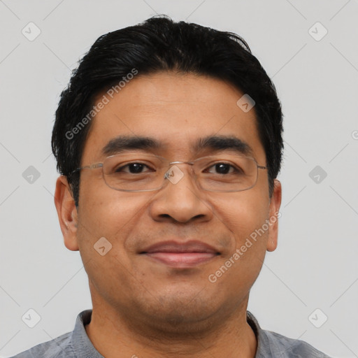 Joyful asian adult male with short  black hair and brown eyes