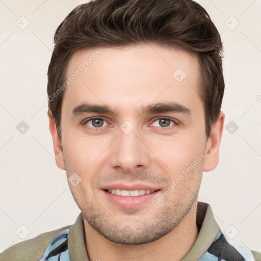 Joyful white young-adult male with short  brown hair and brown eyes