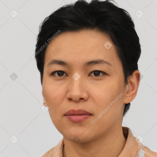 Neutral asian young-adult female with short  black hair and brown eyes