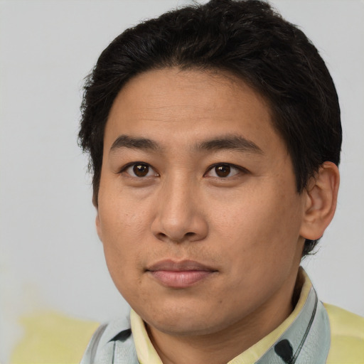 Neutral latino young-adult male with short  brown hair and brown eyes