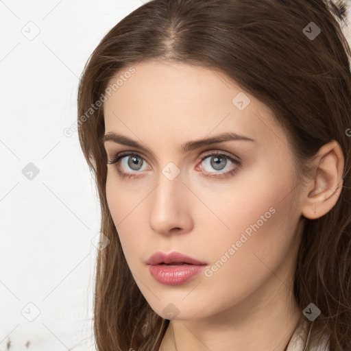 Neutral white young-adult female with long  brown hair and grey eyes