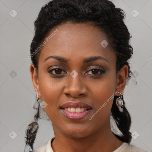 Joyful black young-adult female with medium  black hair and brown eyes