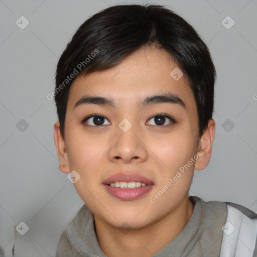 Joyful asian young-adult female with short  black hair and brown eyes