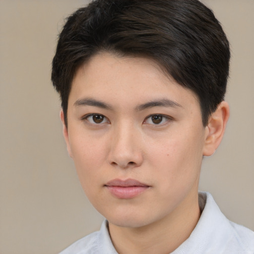 Neutral asian young-adult female with short  brown hair and brown eyes