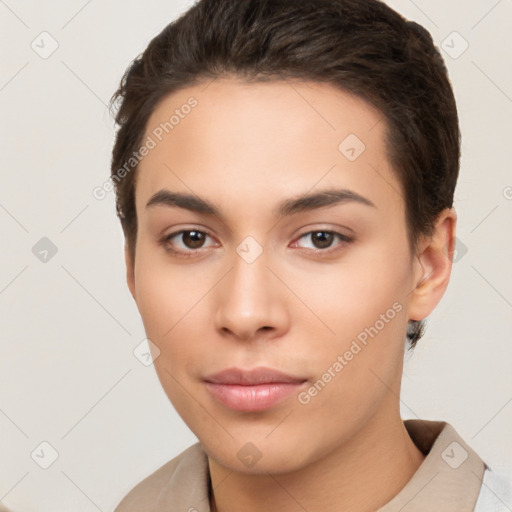 Neutral white young-adult female with short  brown hair and brown eyes