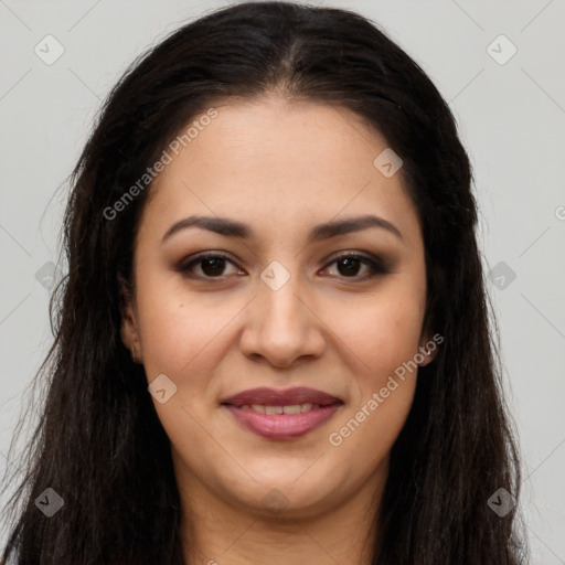 Joyful latino young-adult female with long  brown hair and brown eyes