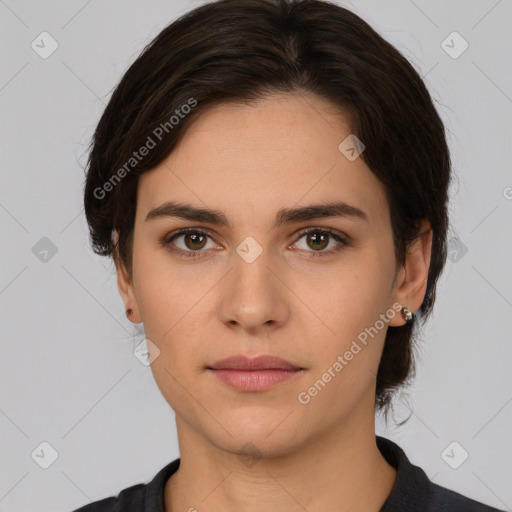 Neutral white young-adult female with medium  brown hair and brown eyes