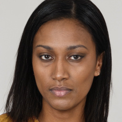Neutral asian young-adult female with long  black hair and brown eyes
