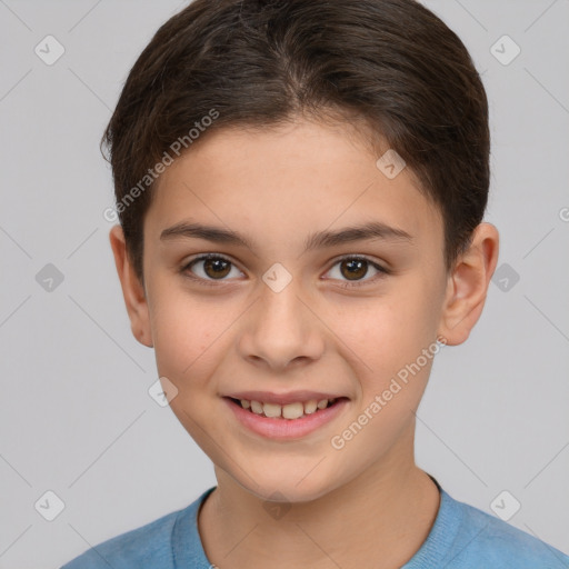 Joyful white child female with short  brown hair and brown eyes