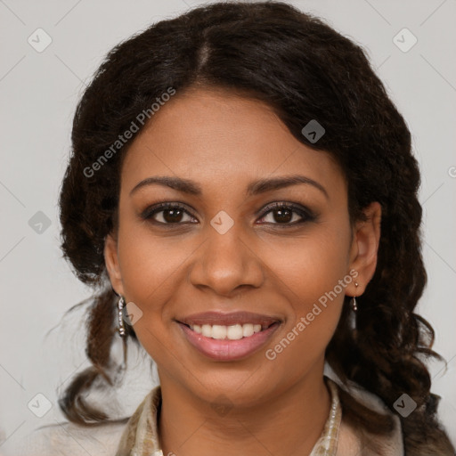 Joyful black young-adult female with medium  brown hair and brown eyes