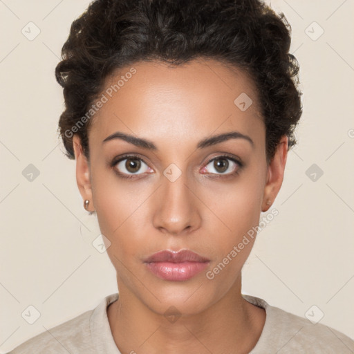 Neutral white young-adult female with short  brown hair and brown eyes