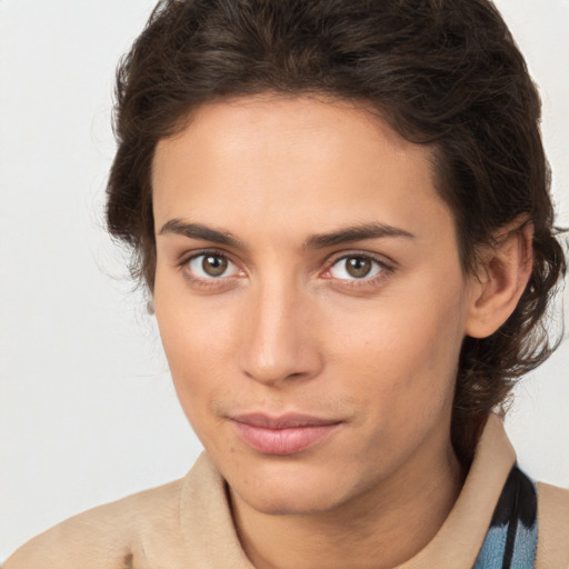 Neutral white young-adult female with medium  brown hair and brown eyes