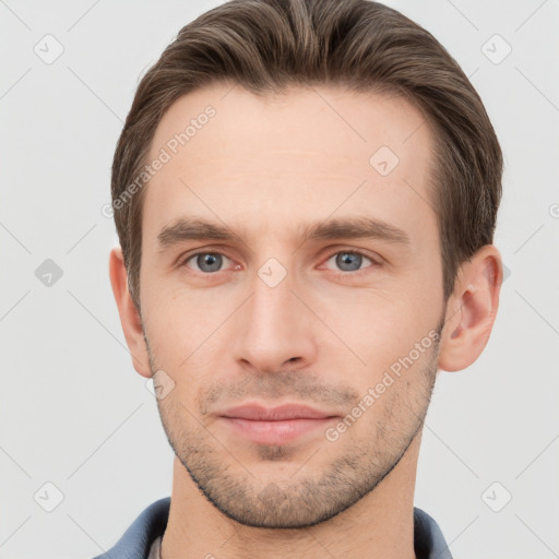 Neutral white young-adult male with short  brown hair and brown eyes