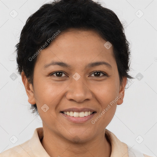 Joyful latino young-adult female with short  brown hair and brown eyes