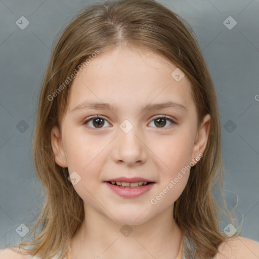 Joyful white child female with medium  brown hair and brown eyes