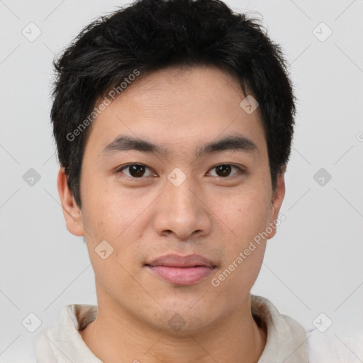 Neutral asian young-adult male with short  brown hair and brown eyes