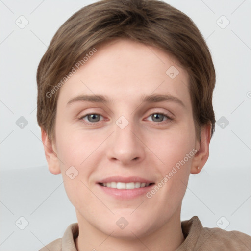 Joyful white young-adult female with short  brown hair and grey eyes