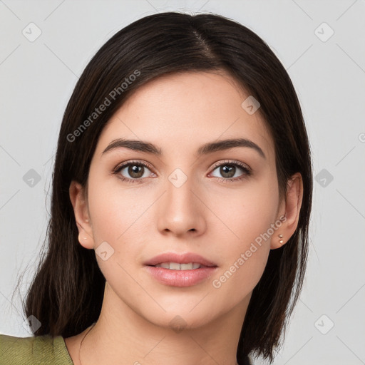 Neutral white young-adult female with medium  brown hair and brown eyes