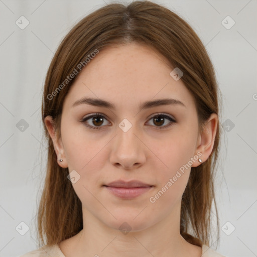 Neutral white young-adult female with medium  brown hair and brown eyes