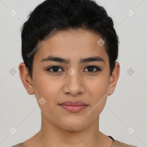 Joyful latino young-adult female with short  brown hair and brown eyes