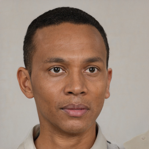 Neutral black adult male with short  black hair and brown eyes