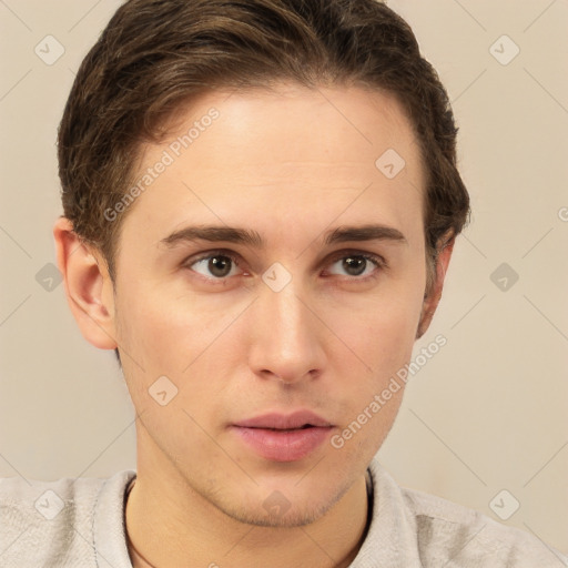 Neutral white young-adult male with short  brown hair and brown eyes