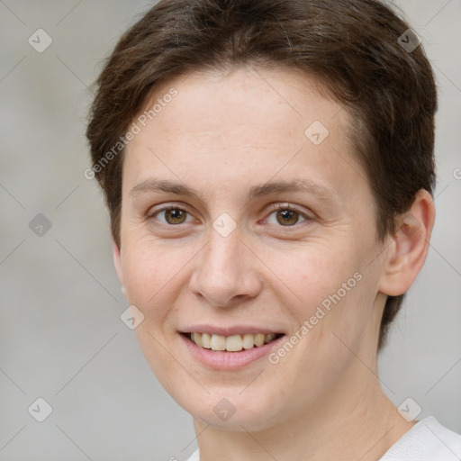 Joyful white young-adult female with short  brown hair and brown eyes