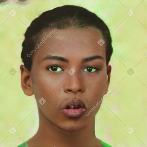 Neutral white young-adult female with short  brown hair and brown eyes