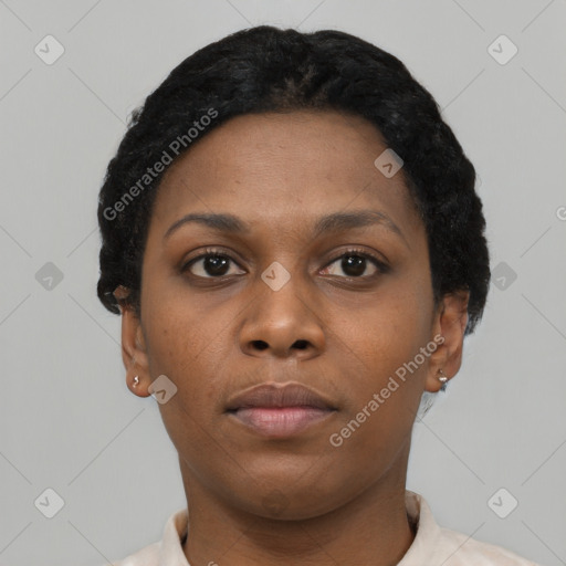 Neutral black young-adult female with short  black hair and brown eyes
