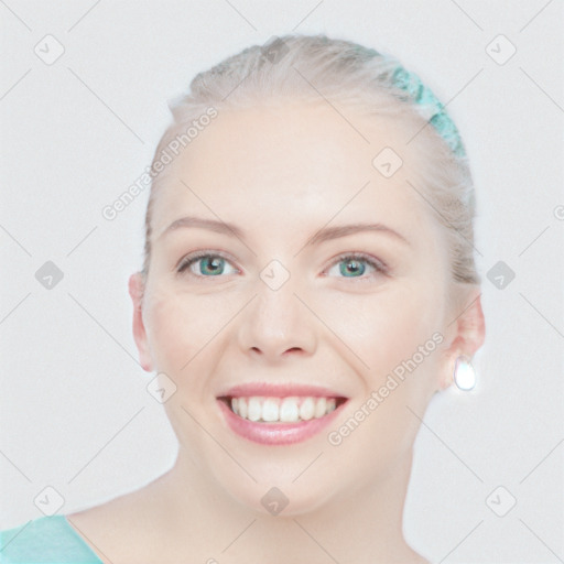 Joyful white young-adult female with short  brown hair and blue eyes