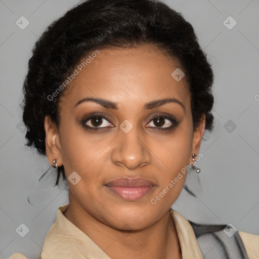 Joyful latino young-adult female with short  brown hair and brown eyes