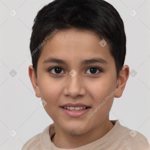 Joyful white child female with short  brown hair and brown eyes