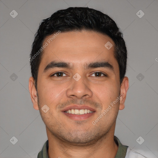 Joyful white young-adult male with short  black hair and brown eyes